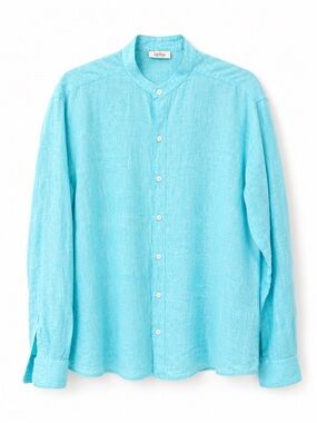 Idillio Positano Icy Blue/Turquoise Linen Band Collar Button Down Shirt. 🇮🇹